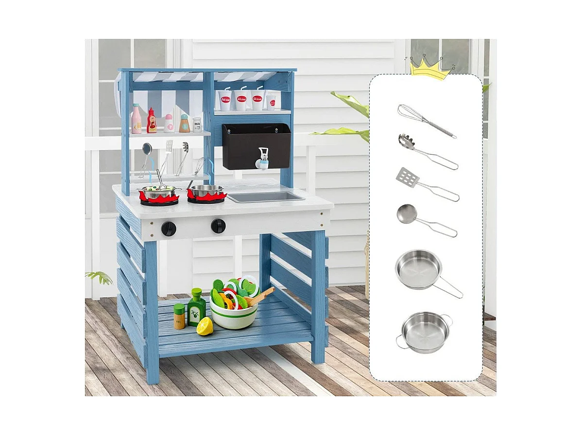 Cuisine de Jeu 2 en 1 en Bois avec Cuisinières Evier Réservoir à Eau Robinet et Ustensiles de Cuisine Jeu de Cuisine avec Toit pour 3+ Ans