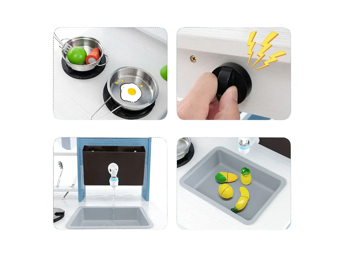 Cuisine de Jeu 2 en 1 en Bois avec Cuisinières Evier Réservoir à Eau Robinet et Ustensiles de Cuisine Jeu de Cuisine avec Toit pour 3+ Ans