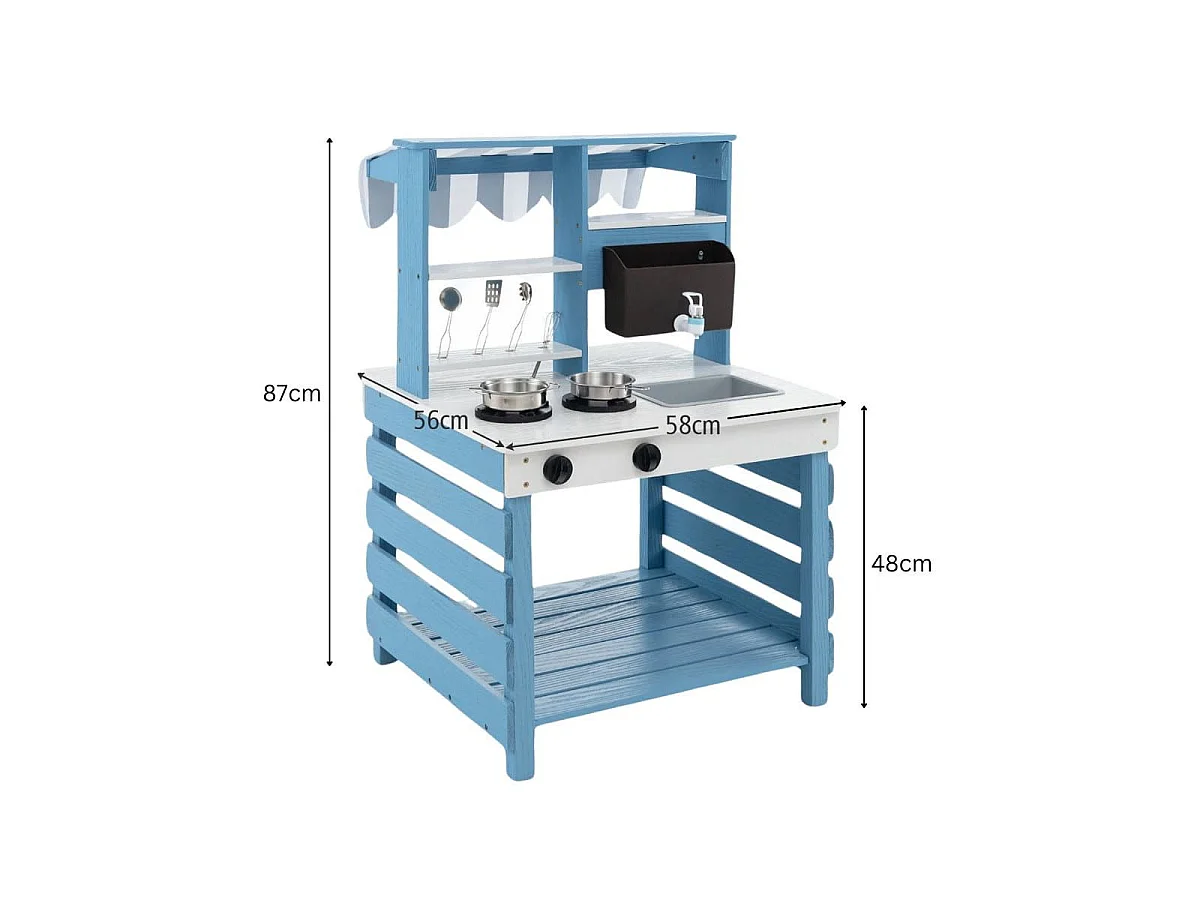 Cuisine de Jeu 2 en 1 en Bois avec Cuisinières Evier Réservoir à Eau Robinet et Ustensiles de Cuisine Jeu de Cuisine avec Toit pour 3+ Ans