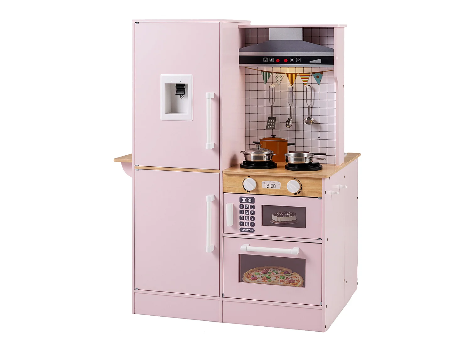 Cuisine pour Enfants Double-Face en Bois avec Distributeur d'Eau Hotte Micro-ondes Ustensiles de Cuisine et Sons Réels pour 3+ Ans Rose