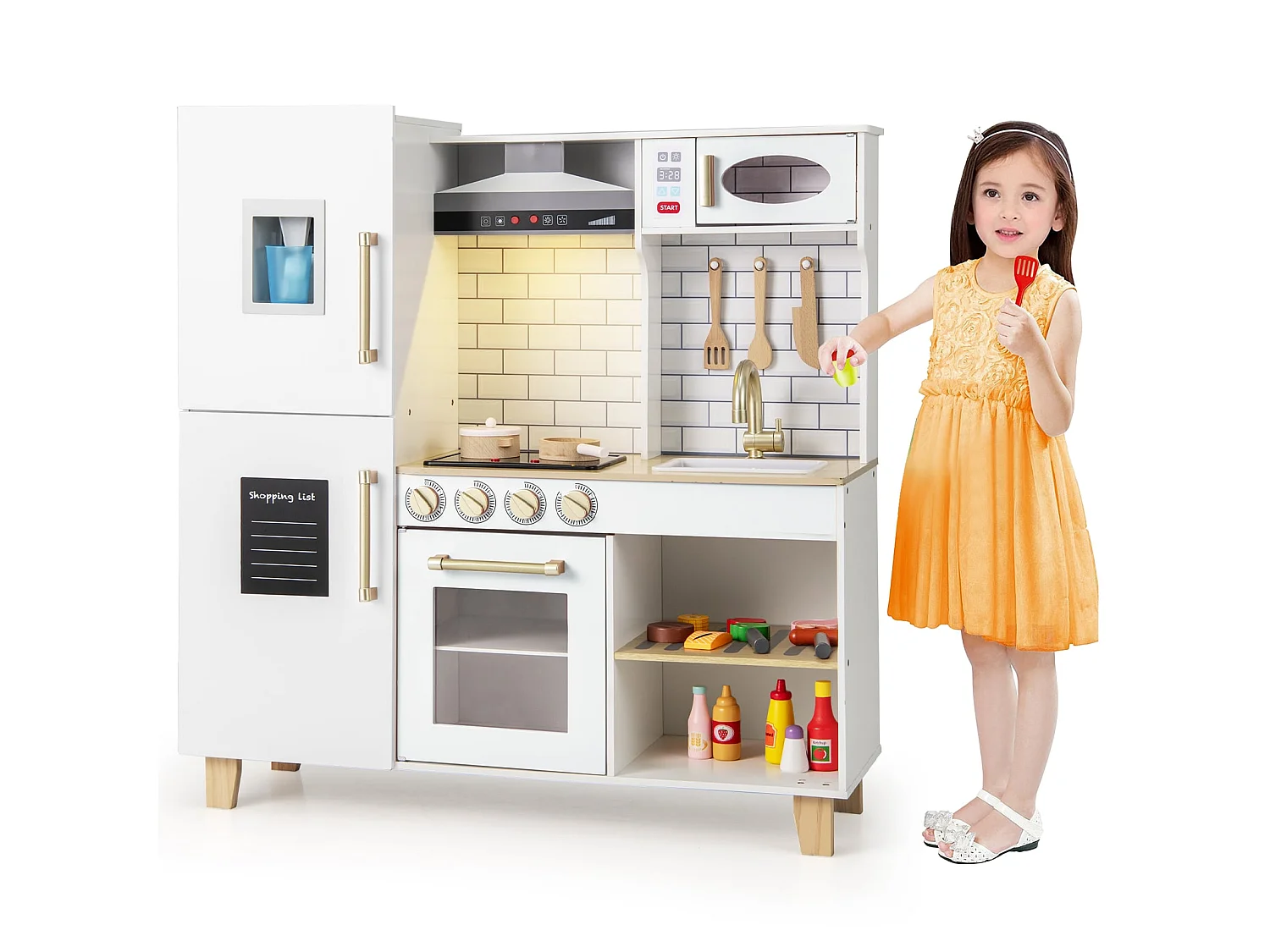 Cuisine pour enfants avec machine à glaçons & hotte & table Cuisine de jeu en bois blanc