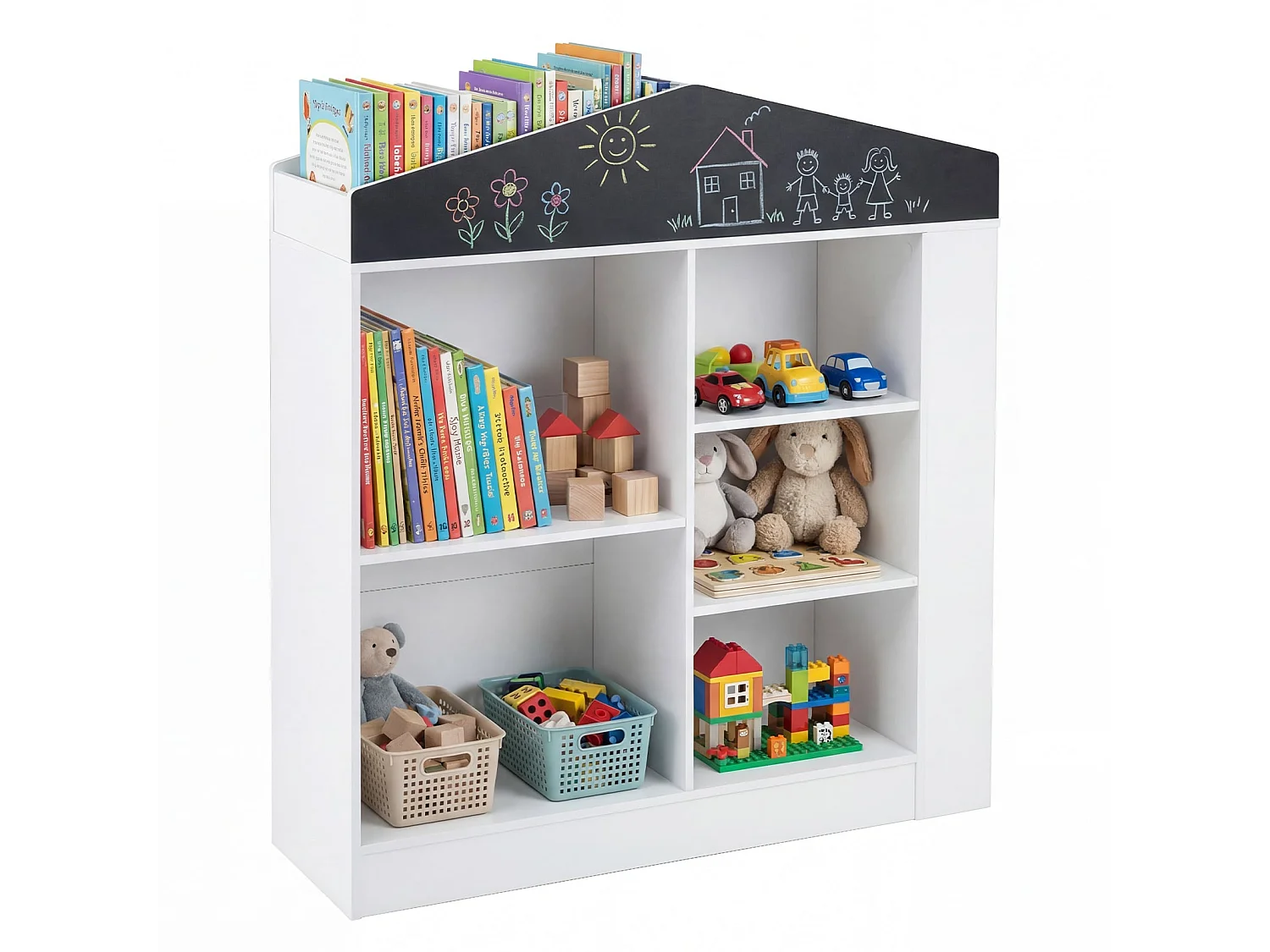Kinder Bücherregal in Hausform mit Tafel & 11 Fächern Kinderregal Montessori Spielzeugrregal Weiß