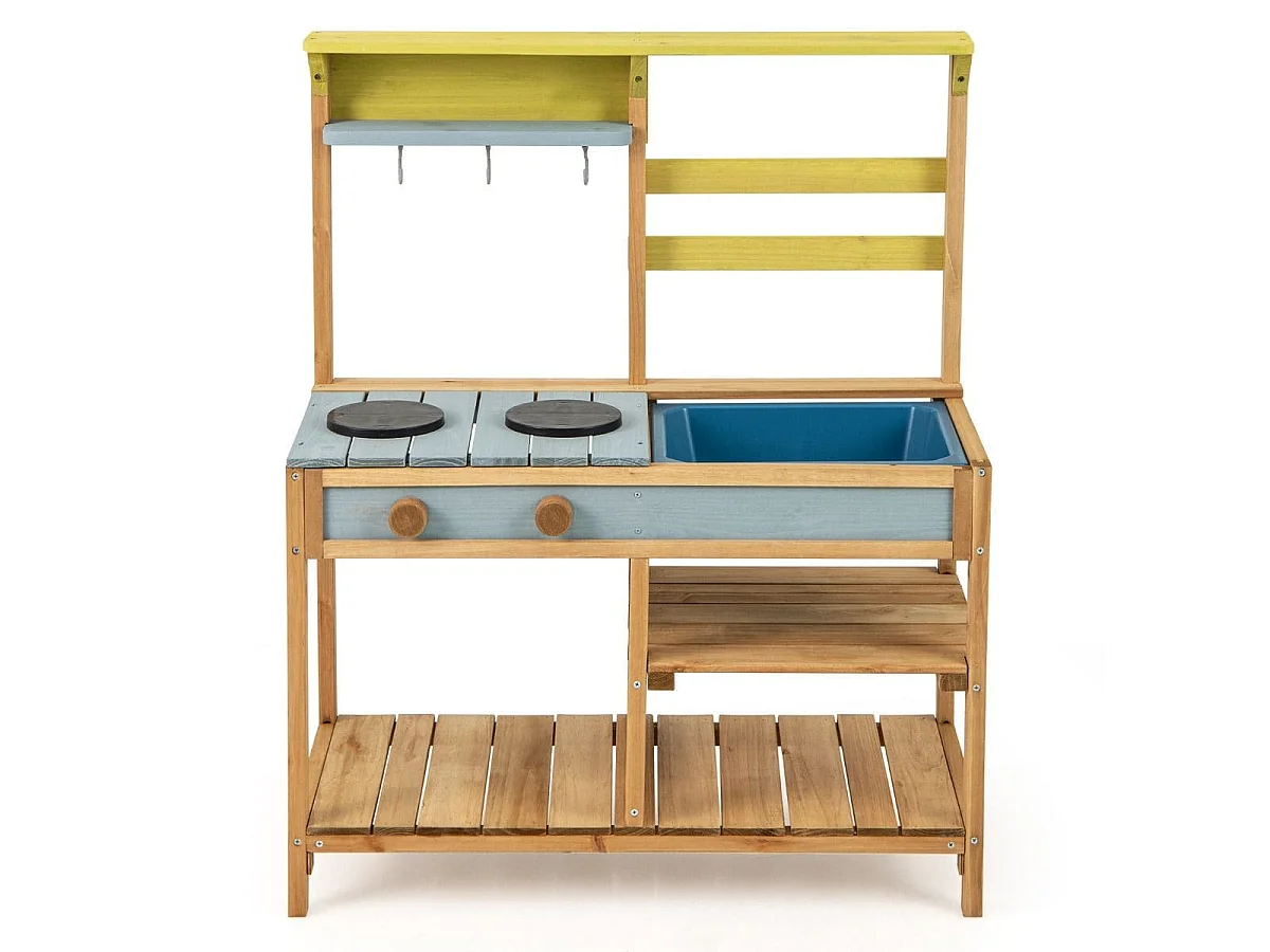 Cuisine de Boue en Bois de Sapin avec Cuisinières Boutons et Évier Aire de Jeu avec Crochets Suspendus et Étagères de Rangement Naturel