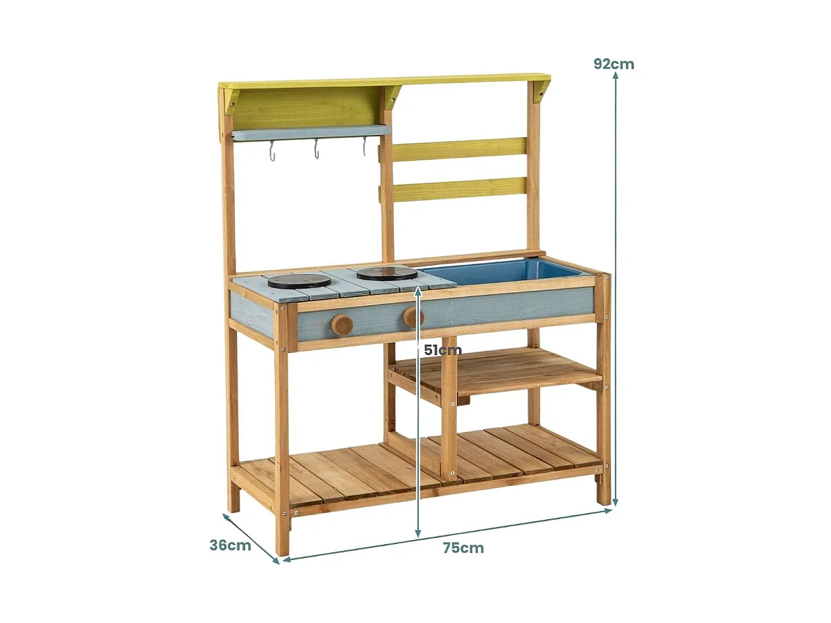 Cuisine de Boue en Bois de Sapin avec Cuisinières Boutons et Évier Aire de Jeu avec Crochets Suspendus et Étagères de Rangement Naturel