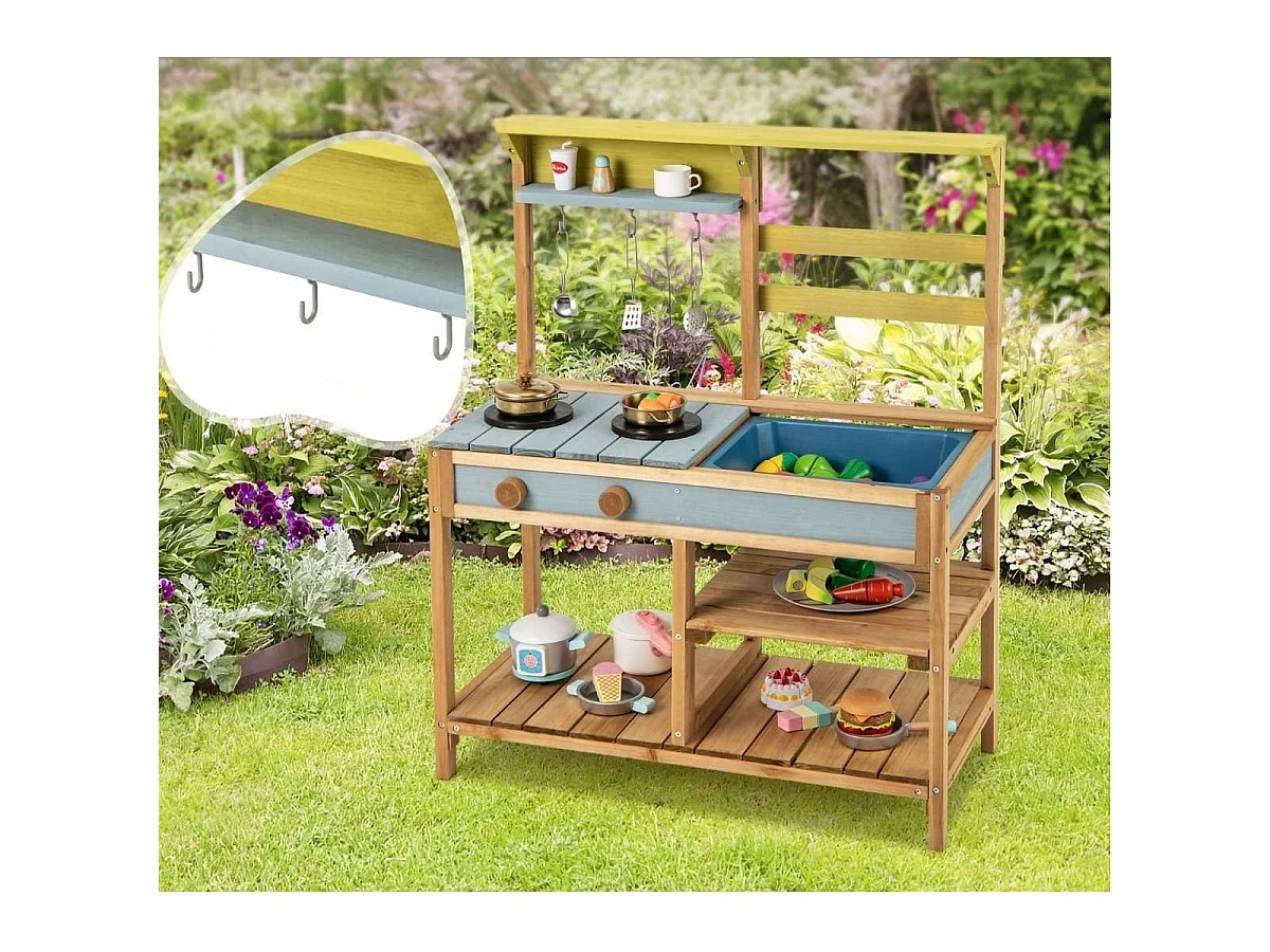 Cuisine de Boue en Bois de Sapin avec Cuisinières Boutons et Évier Aire de Jeu avec Crochets Suspendus et Étagères de Rangement Naturel