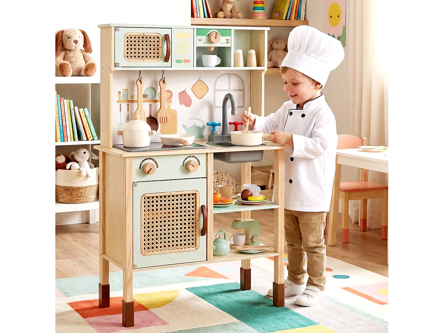 Cuisine en Bois pour Enfants Cuisine Jouet pour Tout-petits avec Lumières et Sons Accessoires Four Évier et Cafetière pour 3+ Ans Vert