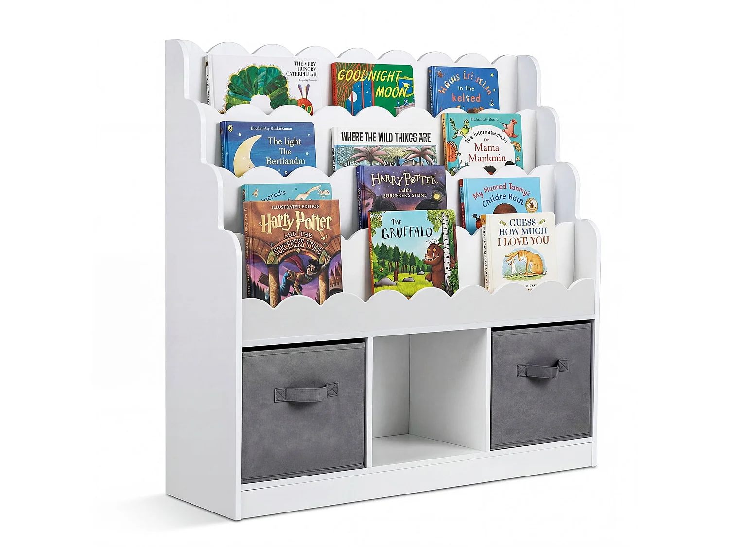 Holz Kinder Bücherregal 4 Ablagen 1 Fach 2 Stoffschubladen Montessori 90x30x91 5cm Für Kinderzimmer Weiß