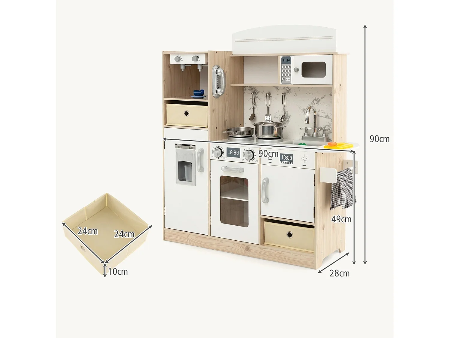Cuisine pour Enfants Cuisine de Jeu en Bois avec Lumières LED Réglables Bacs en Tissu Amovibles & Étagères Jouet pour 3 Ans+ Blanc