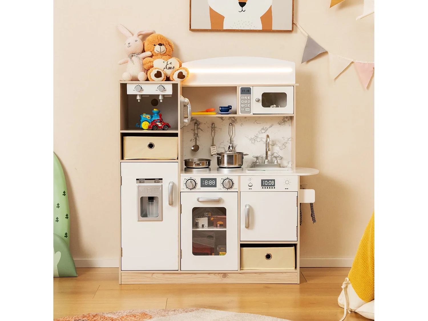 Cuisine pour Enfants Cuisine de Jeu en Bois avec Lumières LED Réglables Bacs en Tissu Amovibles & Étagères Jouet pour 3 Ans+ Blanc