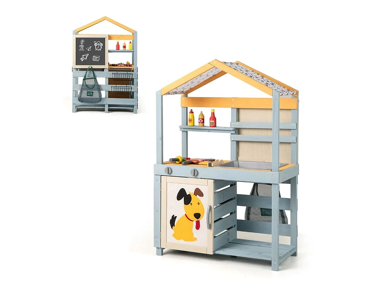 Cuisine de Boue 2 en 1 en Bois Cuisine de Jeu Extérieure et Magasin d'Alimentation avec Évier Amovible Sac de Rangement et Paniers Gris