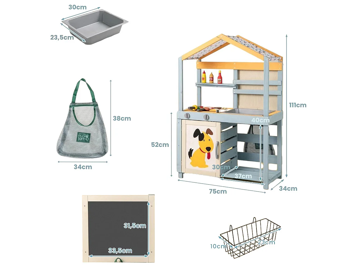 Cuisine de Boue 2 en 1 en Bois Cuisine de Jeu Extérieure et Magasin d'Alimentation avec Évier Amovible Sac de Rangement et Paniers Gris