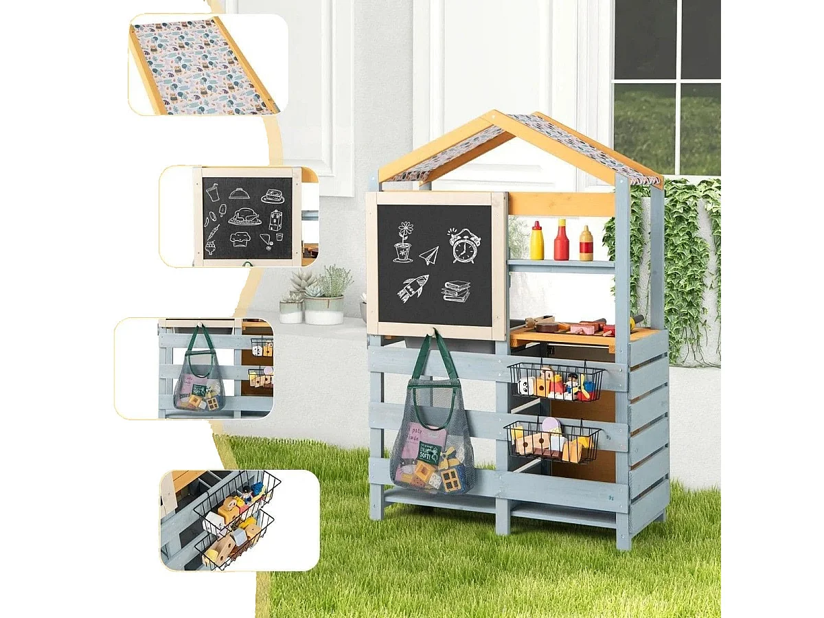 Cuisine de Boue 2 en 1 en Bois Cuisine de Jeu Extérieure et Magasin d'Alimentation avec Évier Amovible Sac de Rangement et Paniers Gris