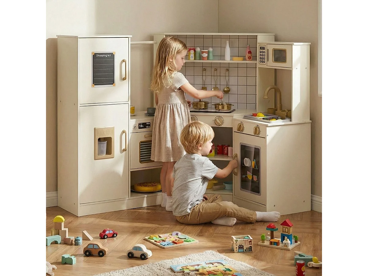 Cuisine de jeu pour enfants Coin cuisine de jeu avec distributeur de glace Cuisinière Four Micro-ondes Lave-vaisselle Beige