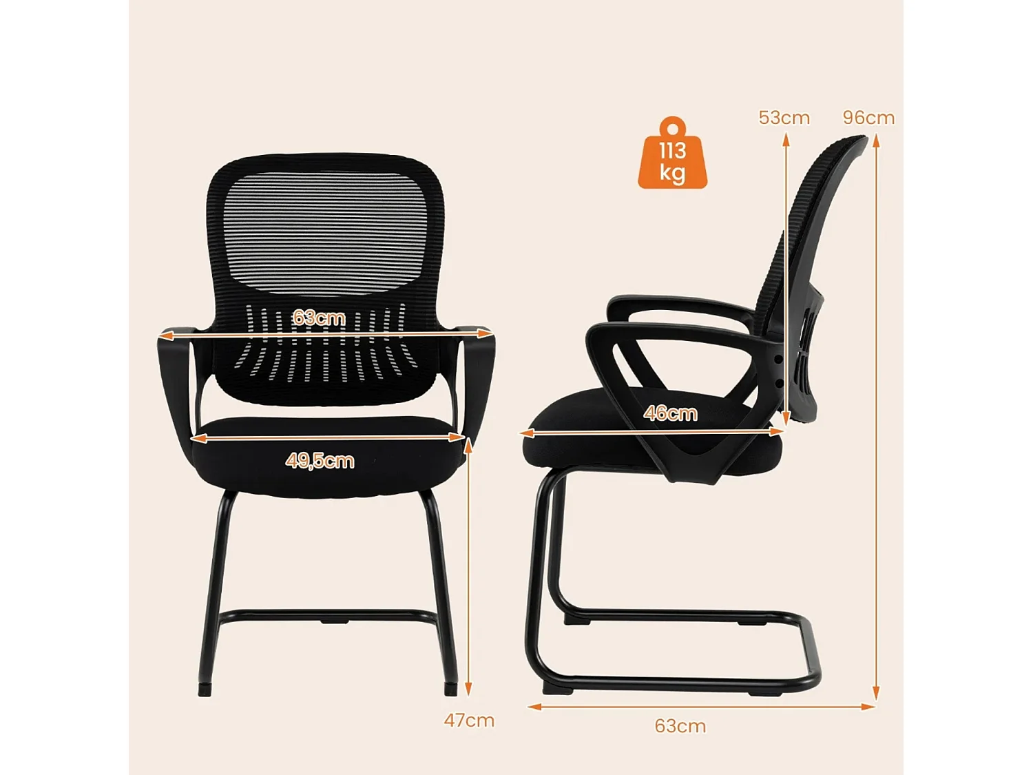 Lot de 2 chaises de bureau avec dossier en résille Fauteuil de bureau noir