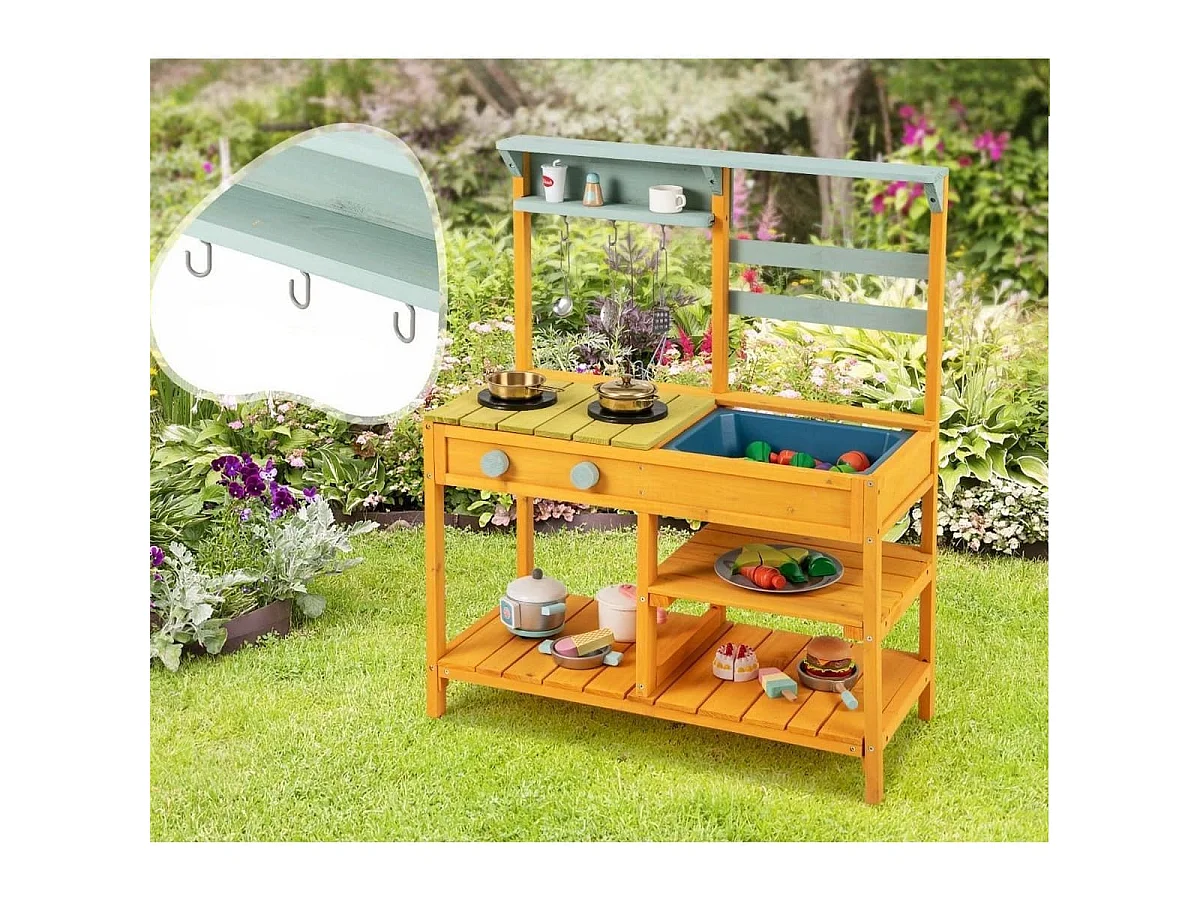 Cuisine de Boue en Bois de Sapin avec Cuisinières Boutons et Évier Aire de Jeu avec Crochets Suspendus et Étagères de Rangement Jaune