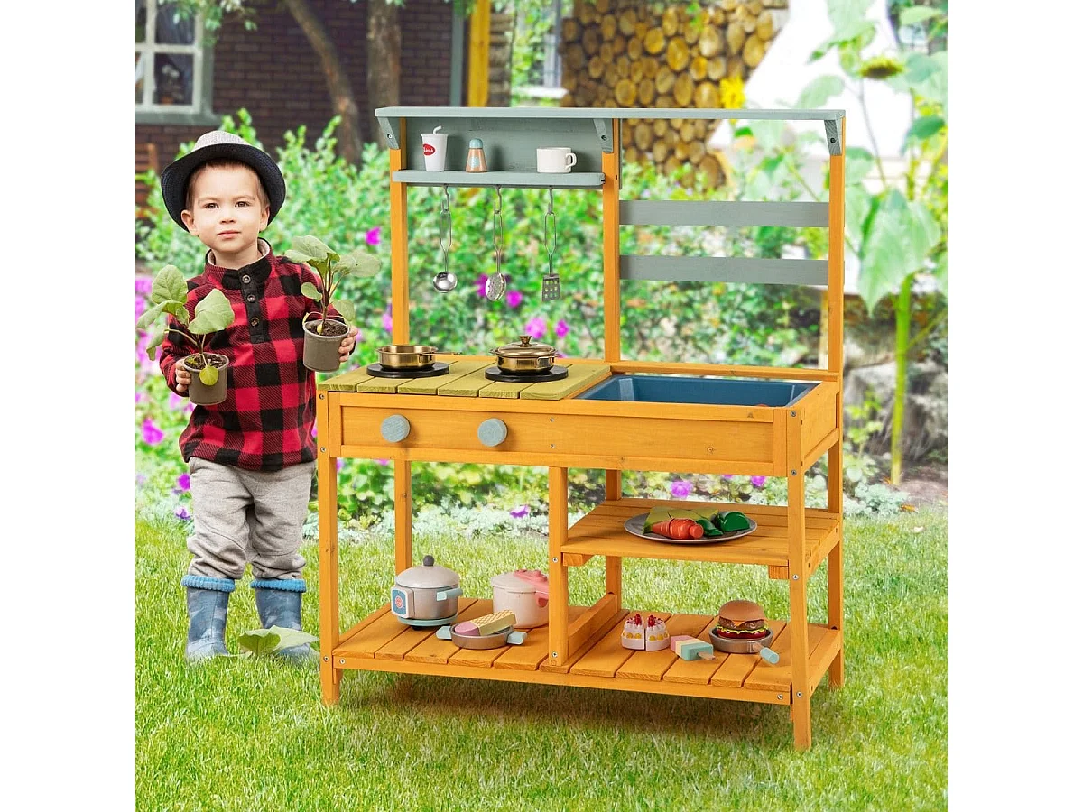 Cuisine de Boue en Bois de Sapin avec Cuisinières Boutons et Évier Aire de Jeu avec Crochets Suspendus et Étagères de Rangement Jaune