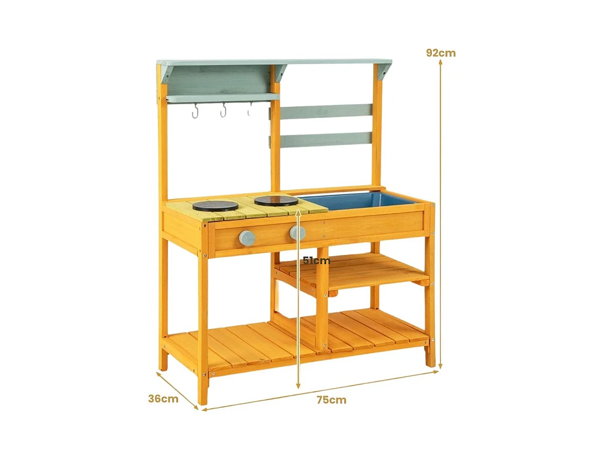 Cuisine de Boue en Bois de Sapin avec Cuisinières Boutons et Évier Aire de Jeu avec Crochets Suspendus et Étagères de Rangement Jaune