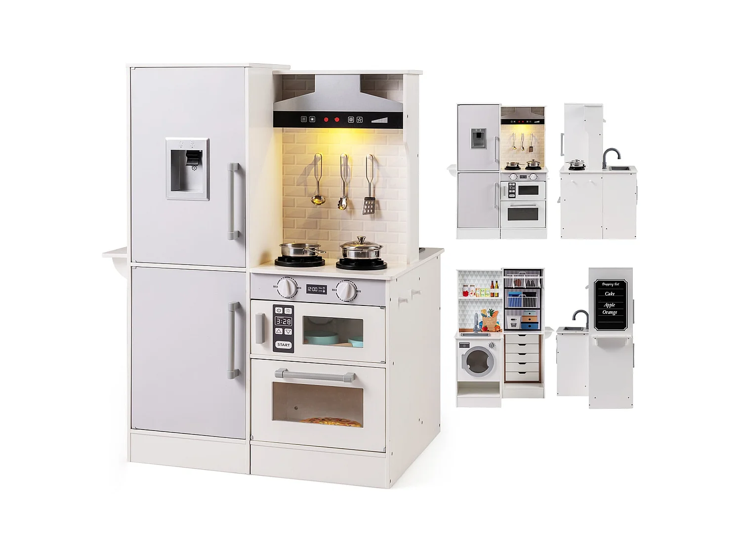 Cuisine pour Enfants Double-Face en Bois avec Distributeur d'Eau Hotte Micro-ondes Ustensiles de Cuisine et Sons Réels pour 3+ Ans Blanc