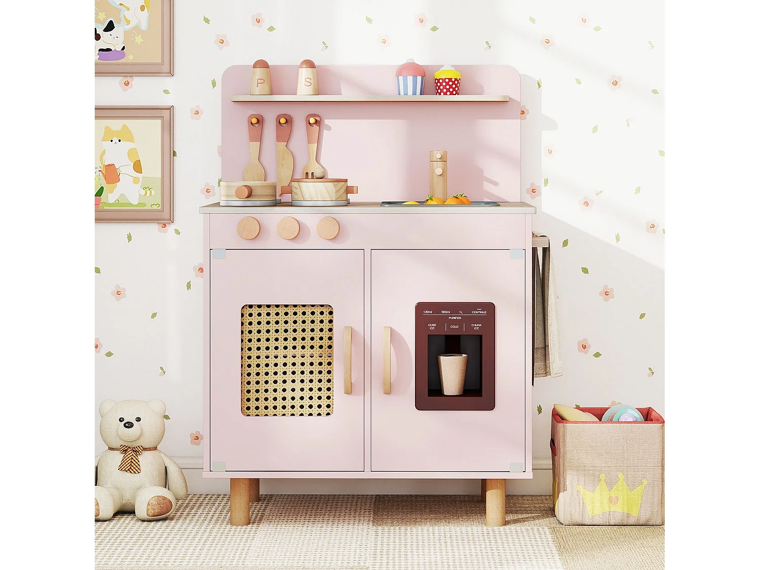 Cuisine de Jeu pour Enfants Ensemble de Cuisine avec Machine à Glace Réaliste Cuisinière Accessoires et Évier Fonctionnel pour 3+ Ans Rose
