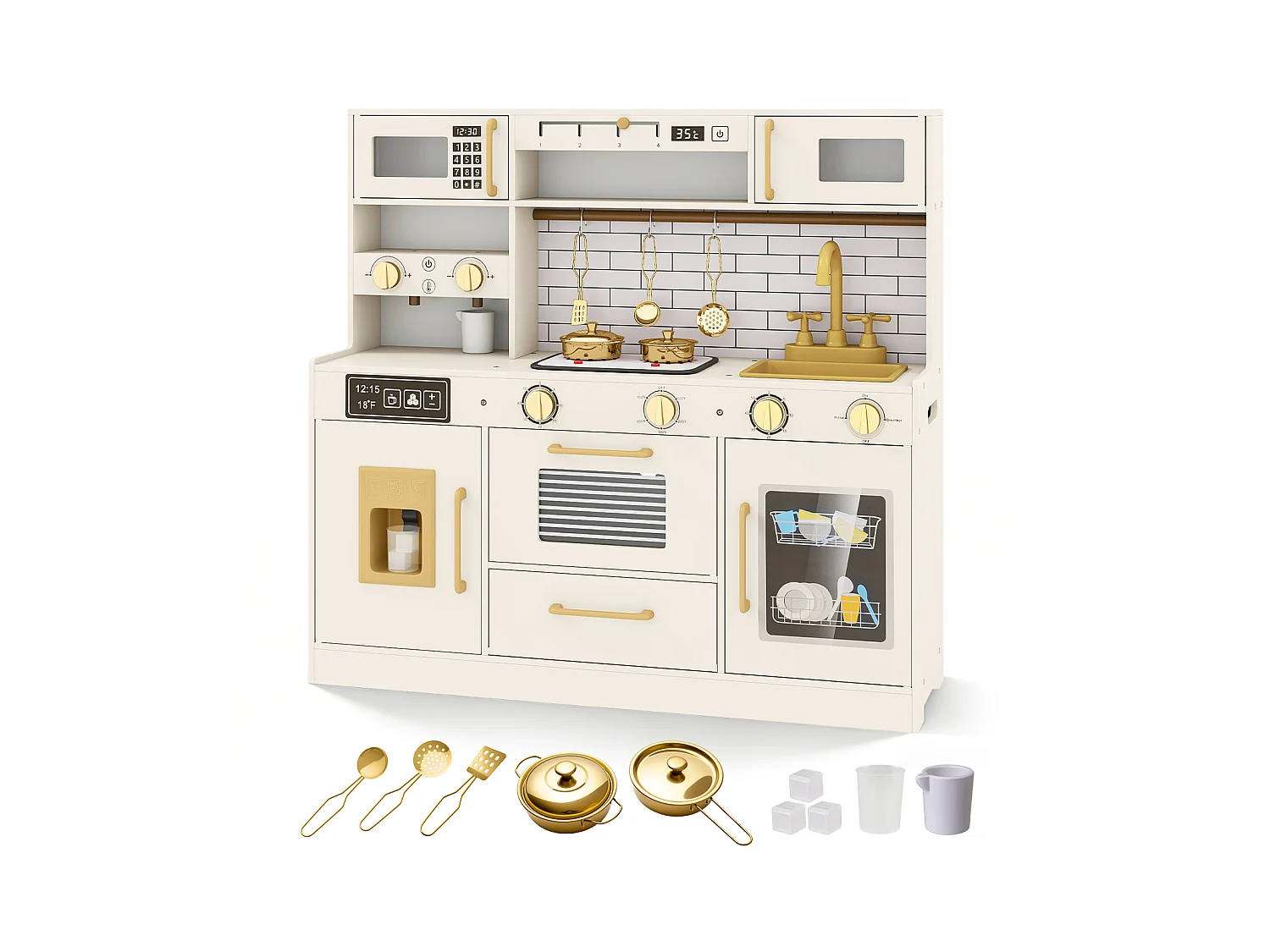 Cuisine Enfant 3+ Ans Cuisine Jouet avec Plaques de Cuisson Lumière & Son Robinet Évier Distributeurs de Glace & Eau Micro-Ondes Beige