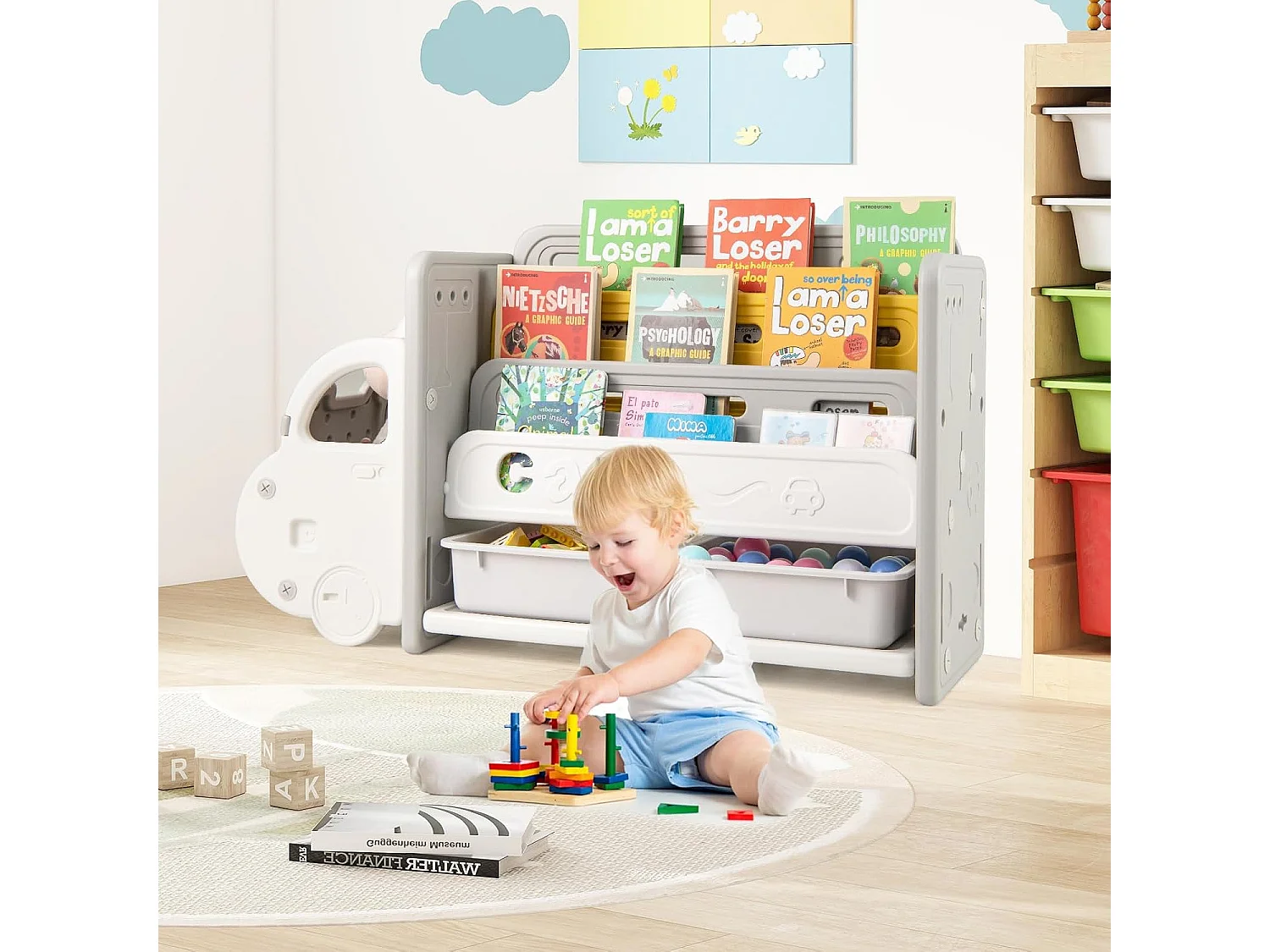 Bibliothèque enfant HDPE voiture, 2 boîtes, 3 niveaux, roulettes