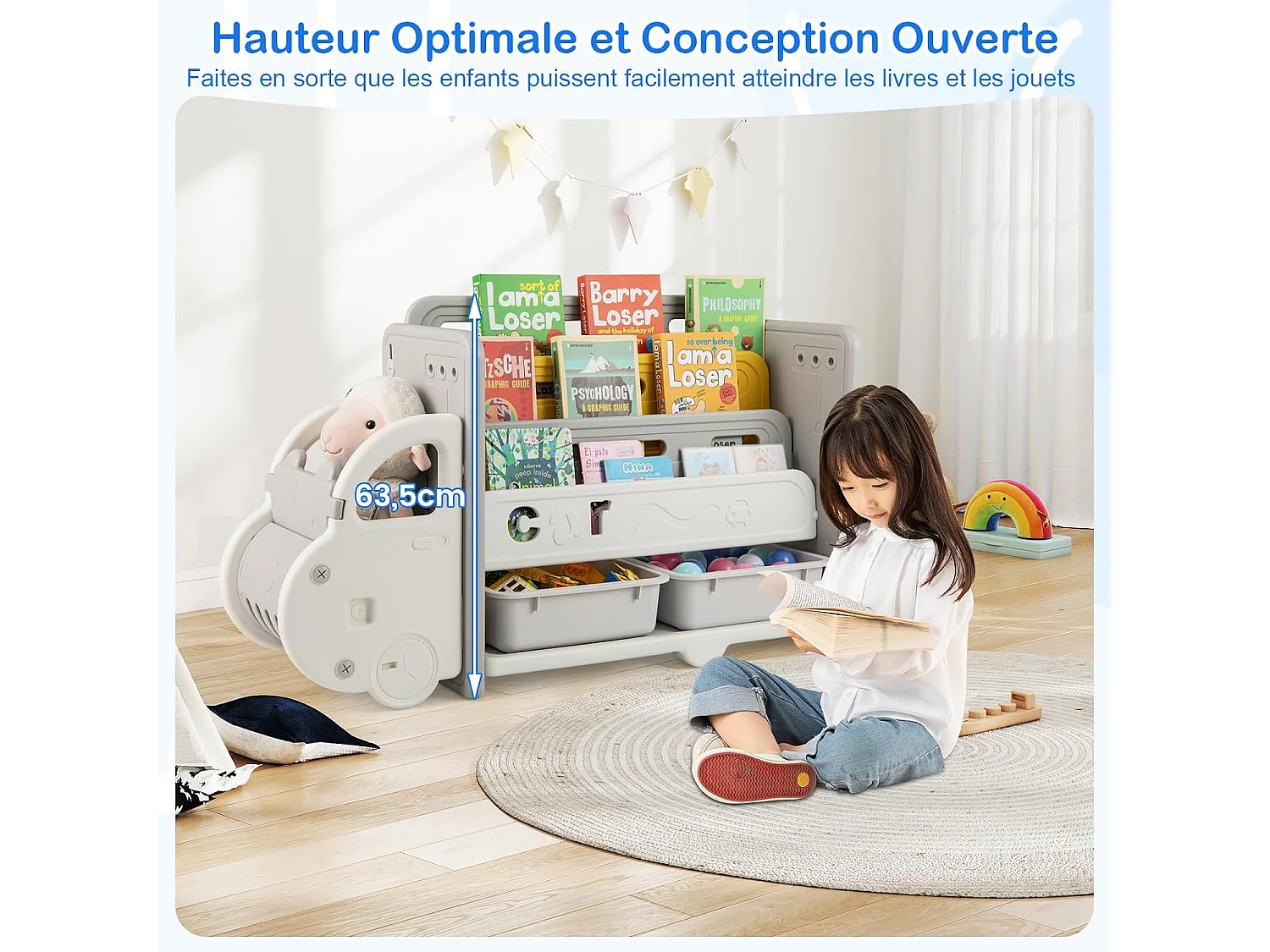 Bibliothèque enfant HDPE voiture, 2 boîtes, 3 niveaux, roulettes