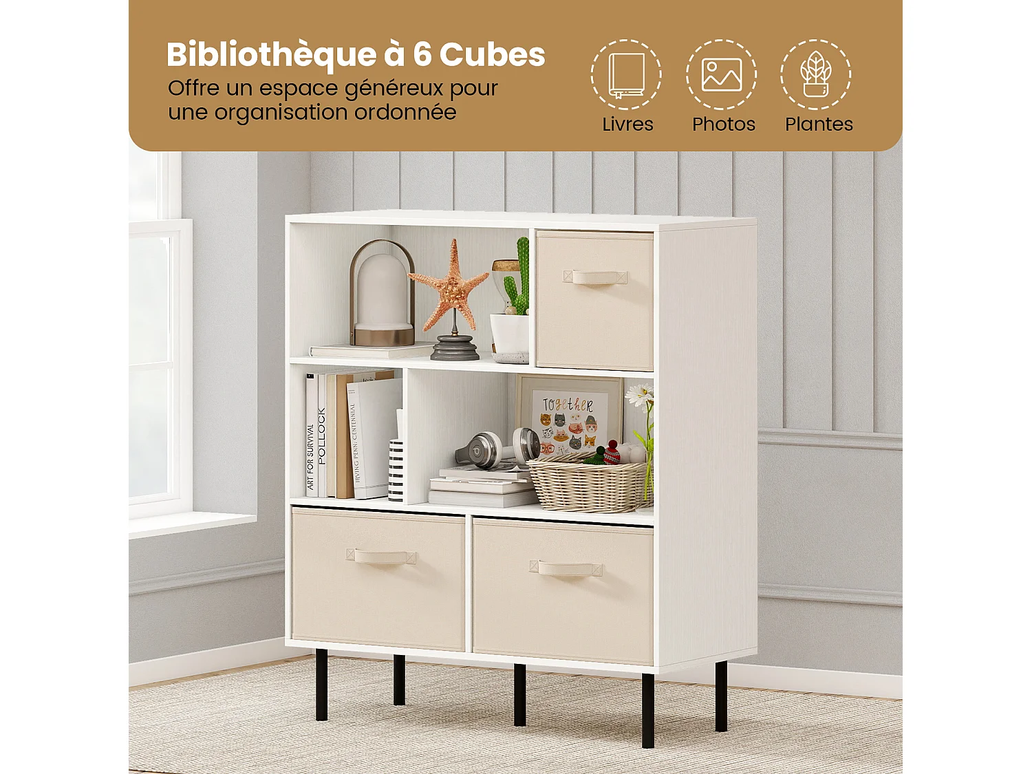 Boekenkast 6 vakken, 3 niveaus met 3 opvouwbare stoffen lades, wit