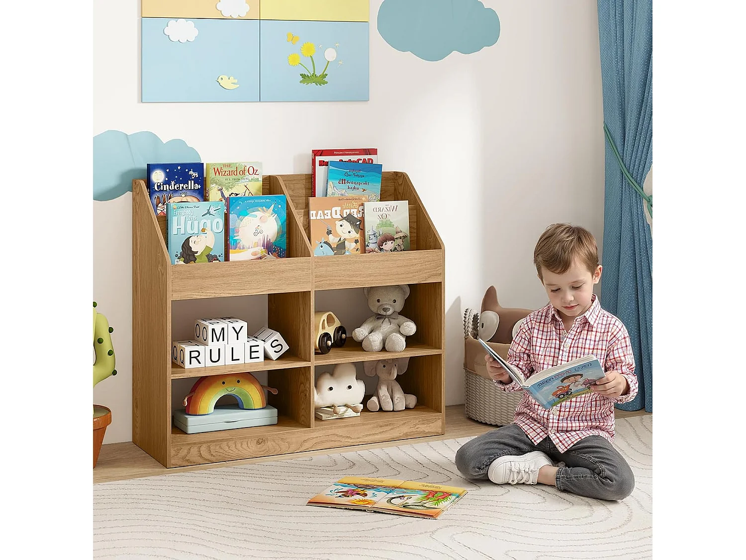 Montessori kinderboekenkast 2 niveaus, 4 vakken, anti-kantel, natuurlijk