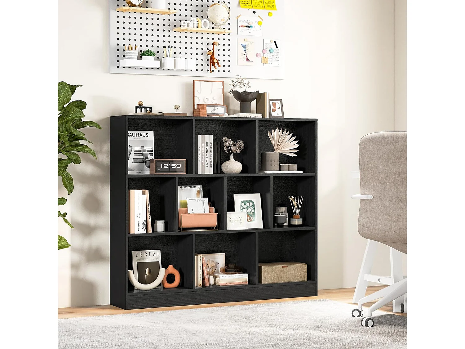 Boekenkast 10 vakken, opbergunit 3 niveaus, anti-kantelset, kamerverdeler (zwart).