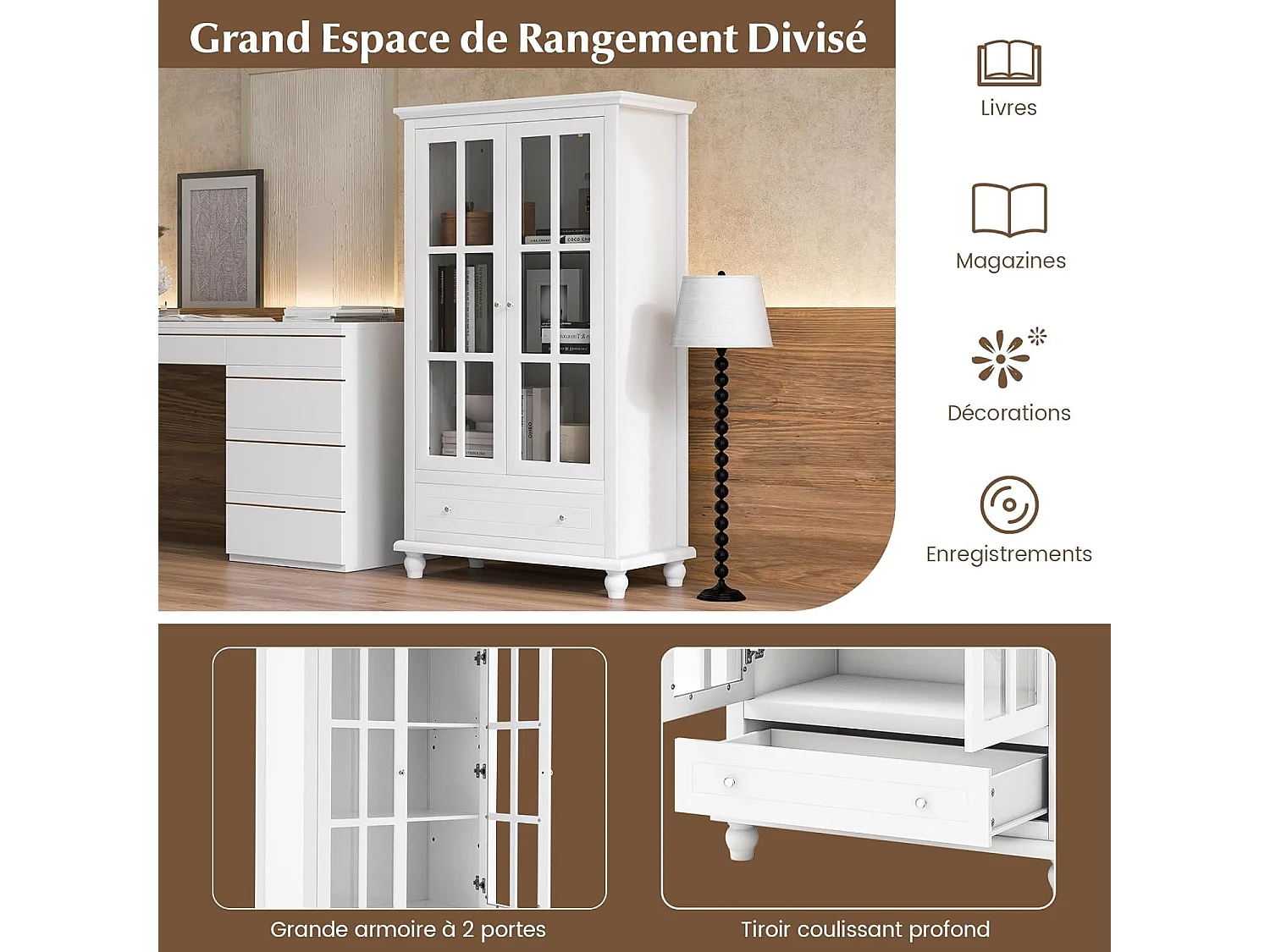 Vitrine Boekenrek 2 Deuren 1 Lade Vitrinekast Glas Wit