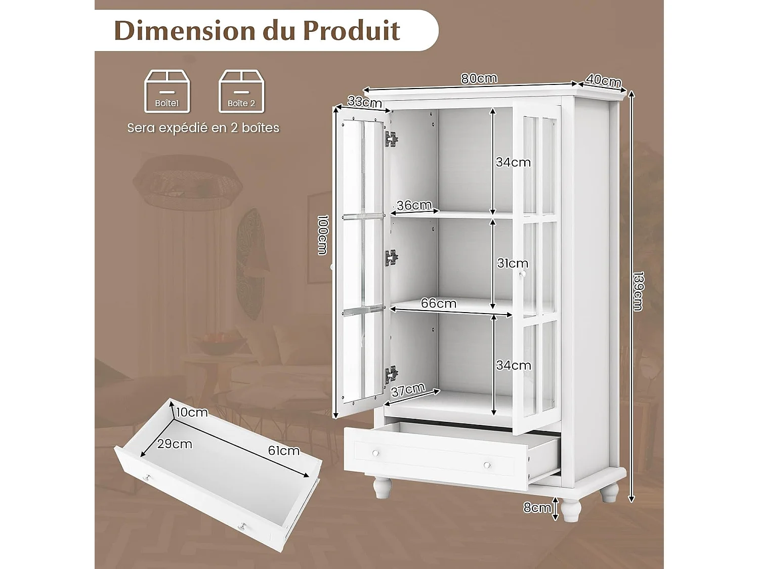 Vitrine Boekenrek 2 Deuren 1 Lade Vitrinekast Glas Wit