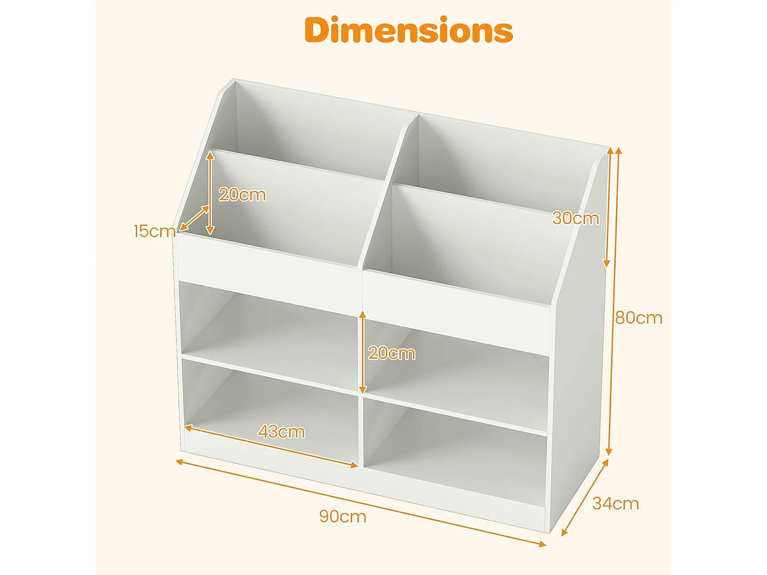 Montessori kinderboekenkast 2 niveaus, 4 vakken, anti-kantel, wit
