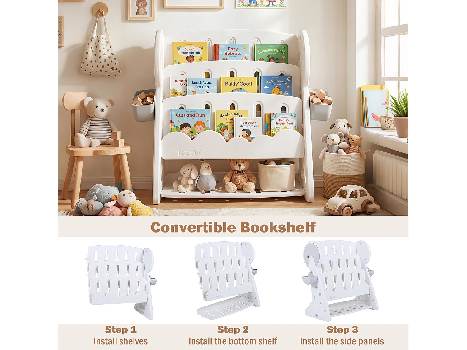 Kinderboekenkast 4 niveaus, 2 opbergdozen, omkeerbaar onderrek