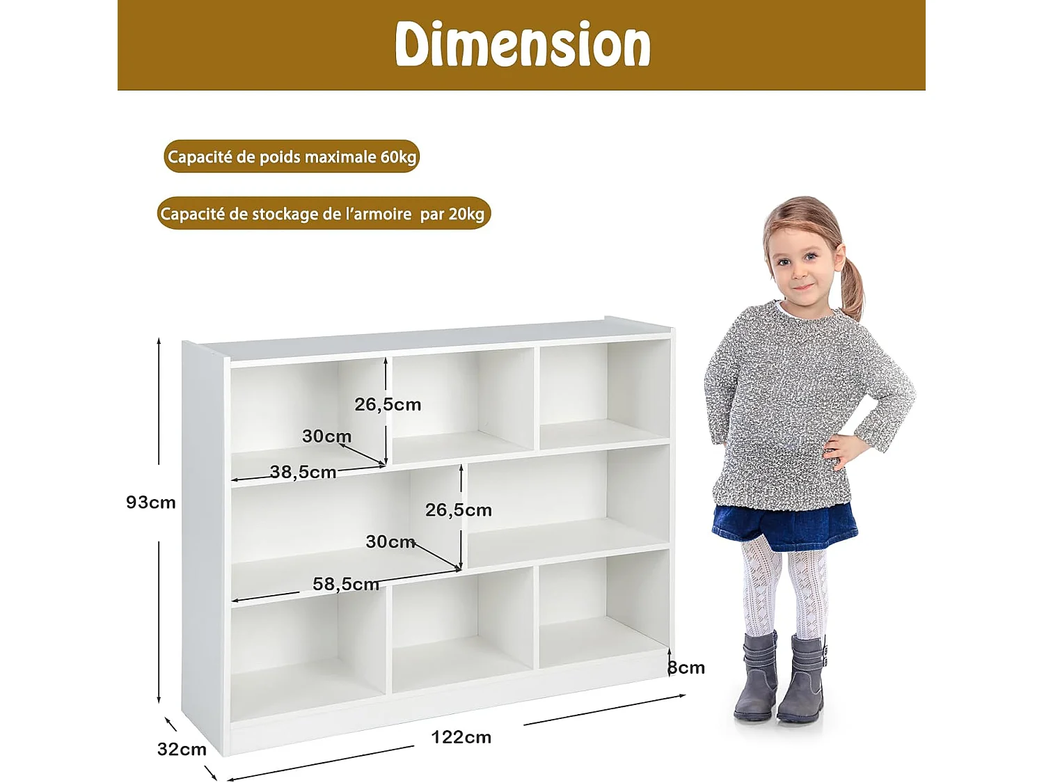 Kinderboekenkast 3 niveaus, 8 vakken, belasting 220kg, 122x32x93cm