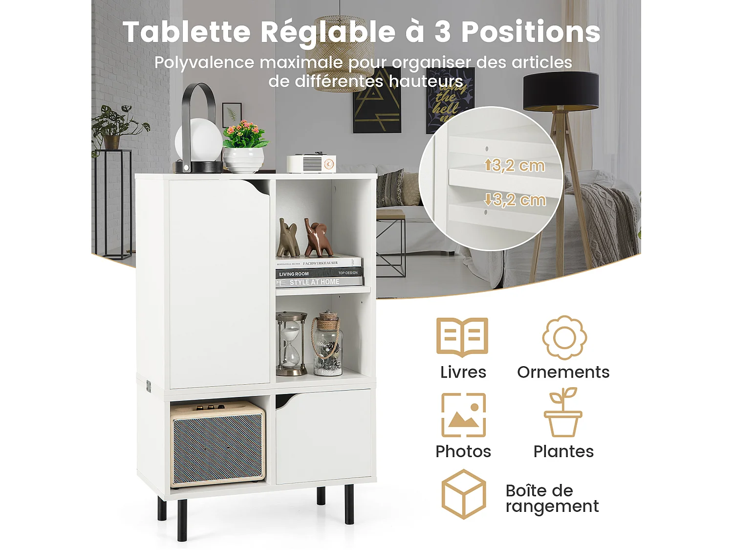 Stapelbare boekenplank, 3 open vakken + 2 kasten, anti-kantelset, wit