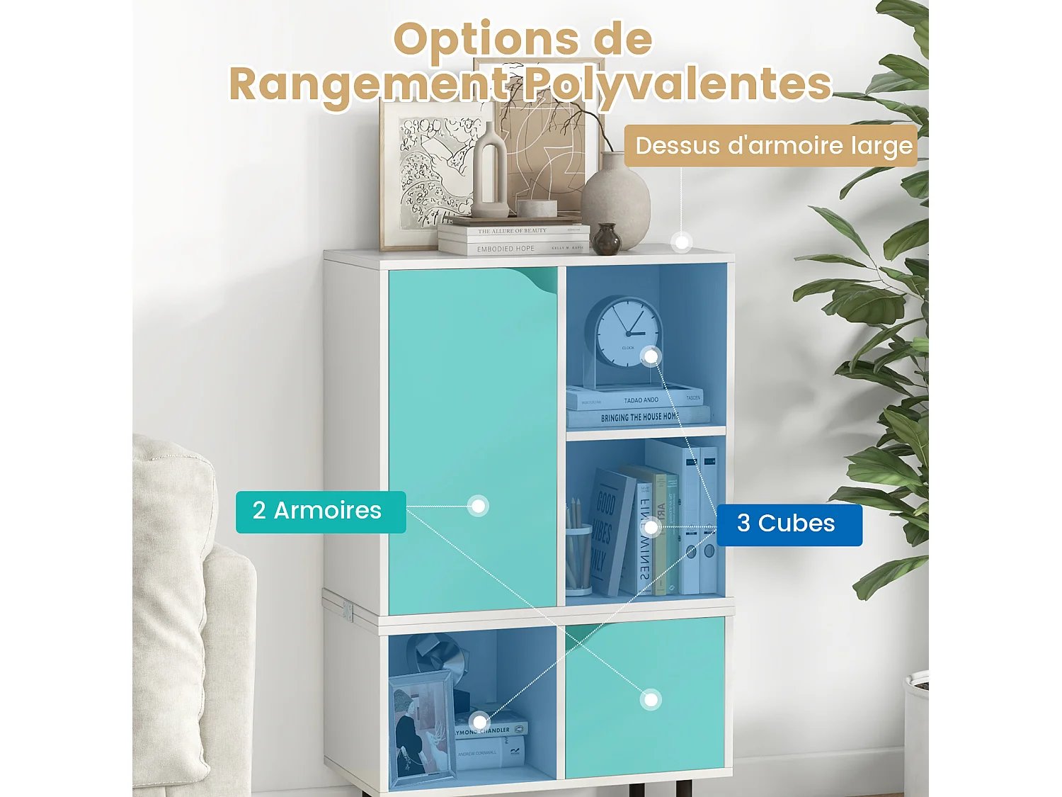 Stapelbare boekenplank, 3 open vakken + 2 kasten, anti-kantelset, wit