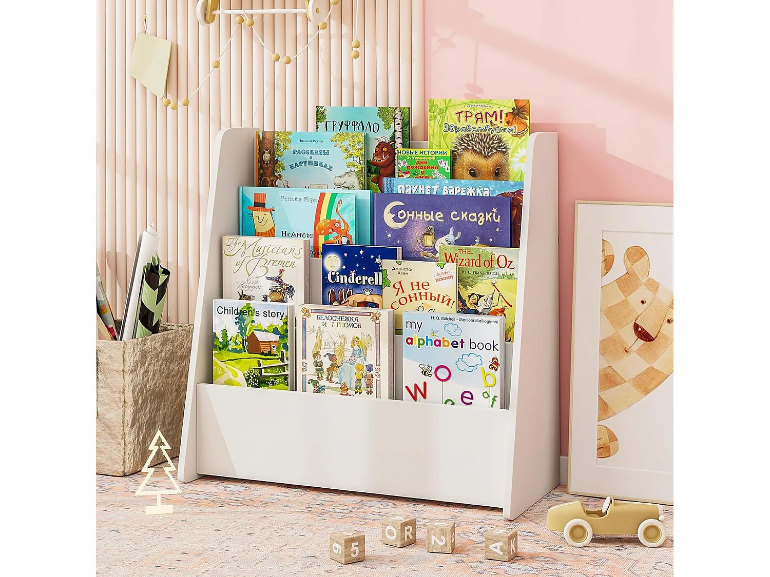Kinderboekenkast 4 vakken, trapeziumvormig, anti-slipvoetjes, Montessori, wit