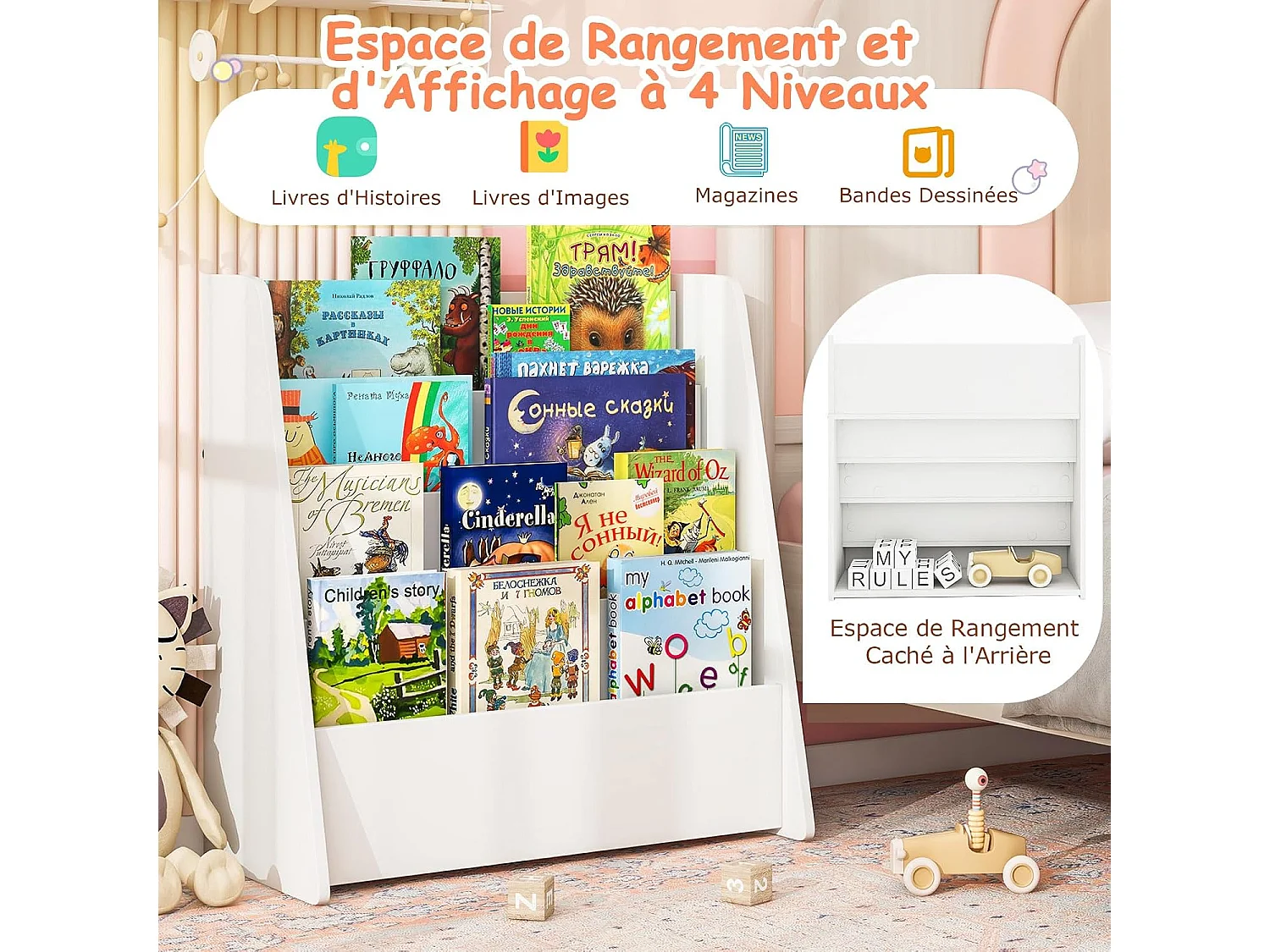 Kinderboekenkast 4 vakken, trapeziumvormig, anti-slipvoetjes, Montessori, wit