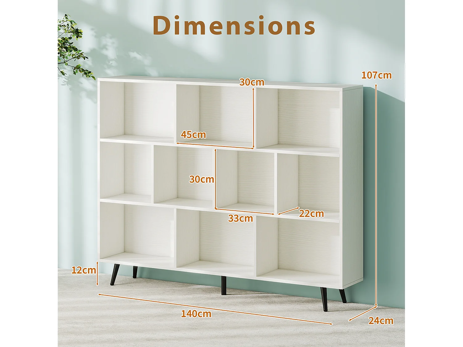 Boekenrek 10 Vakken 140x24x107 cm Organizer Metalen Poten Wit