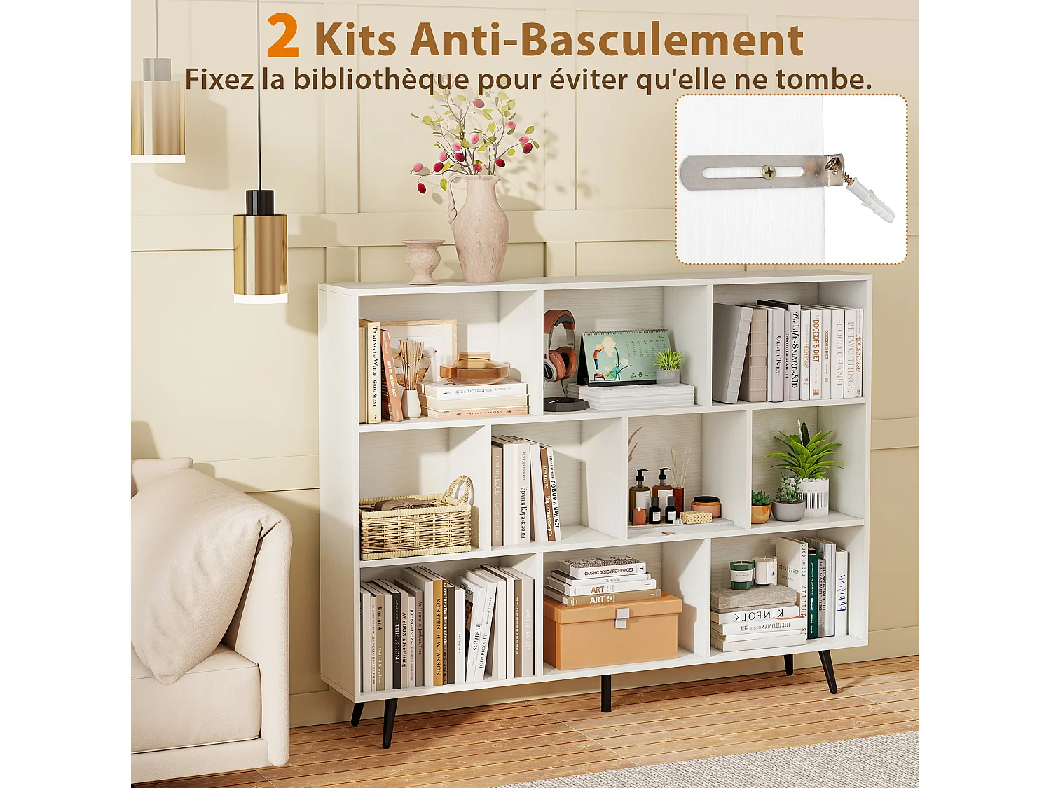 Boekenrek 10 Vakken 140x24x107 cm Organizer Metalen Poten Wit