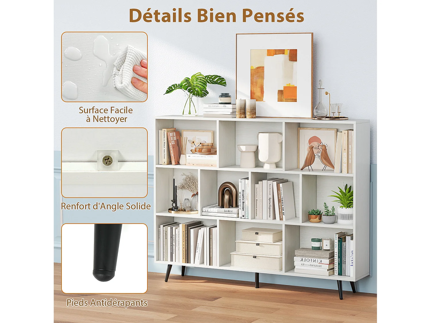 Boekenrek 10 Vakken 140x24x107 cm Organizer Metalen Poten Wit