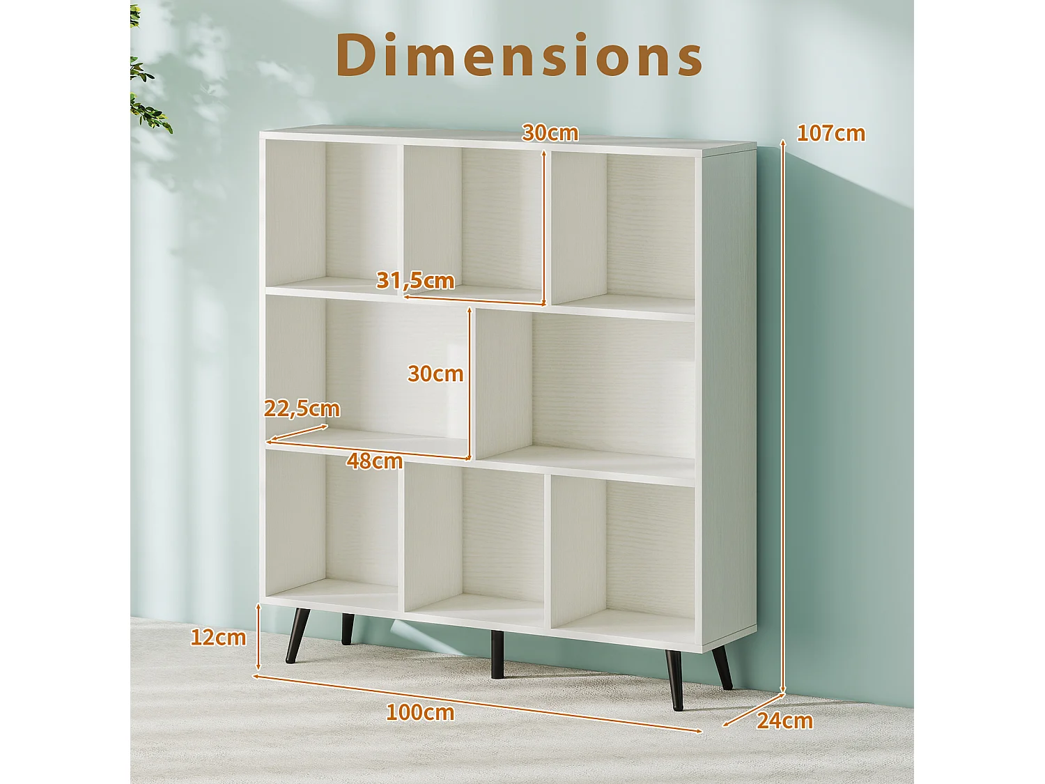 Boekenkast met 8 vakken 100x24x107 cm, organizer met 5 metalen poten