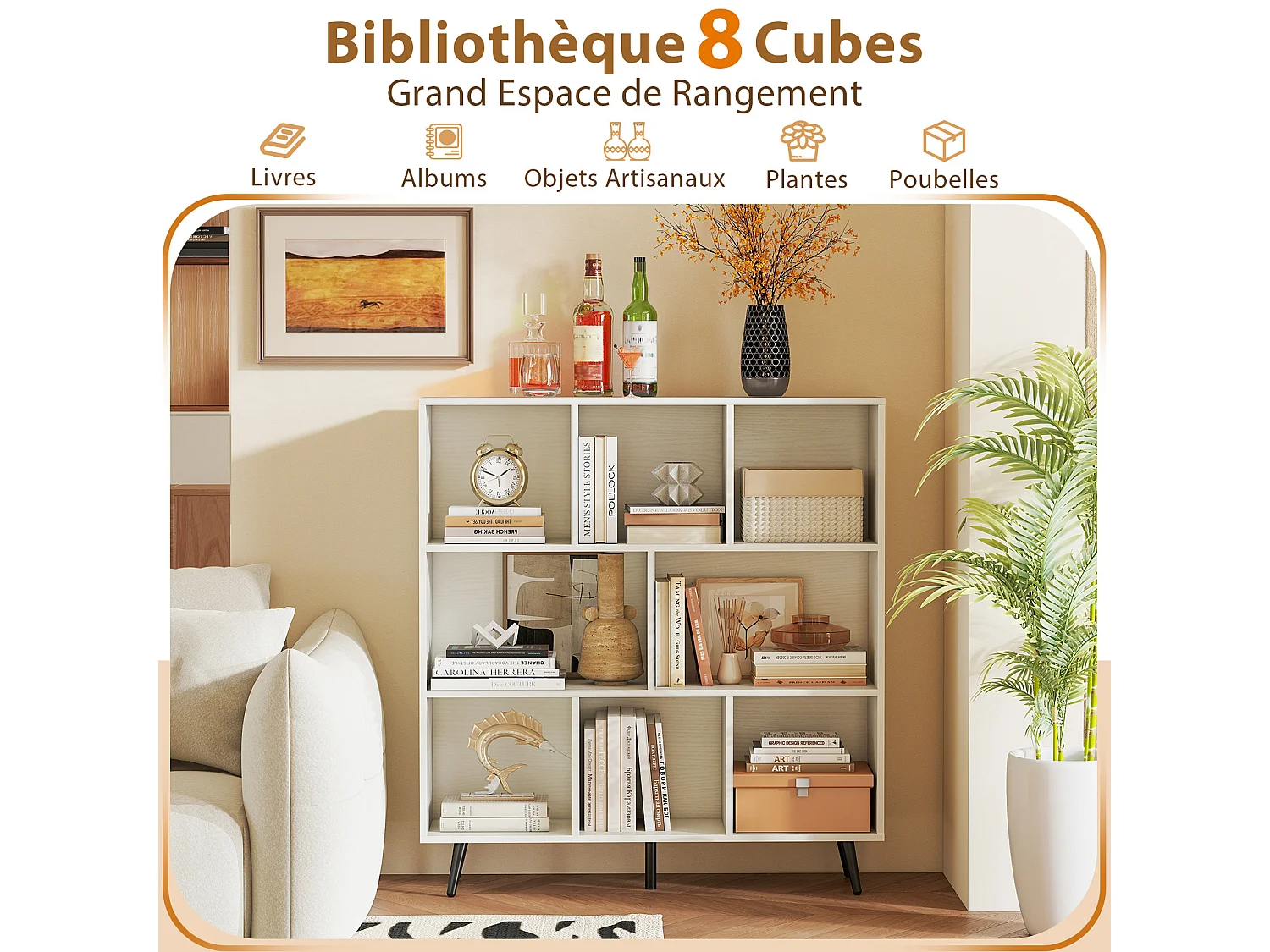 Boekenkast met 8 vakken 100x24x107 cm, organizer met 5 metalen poten