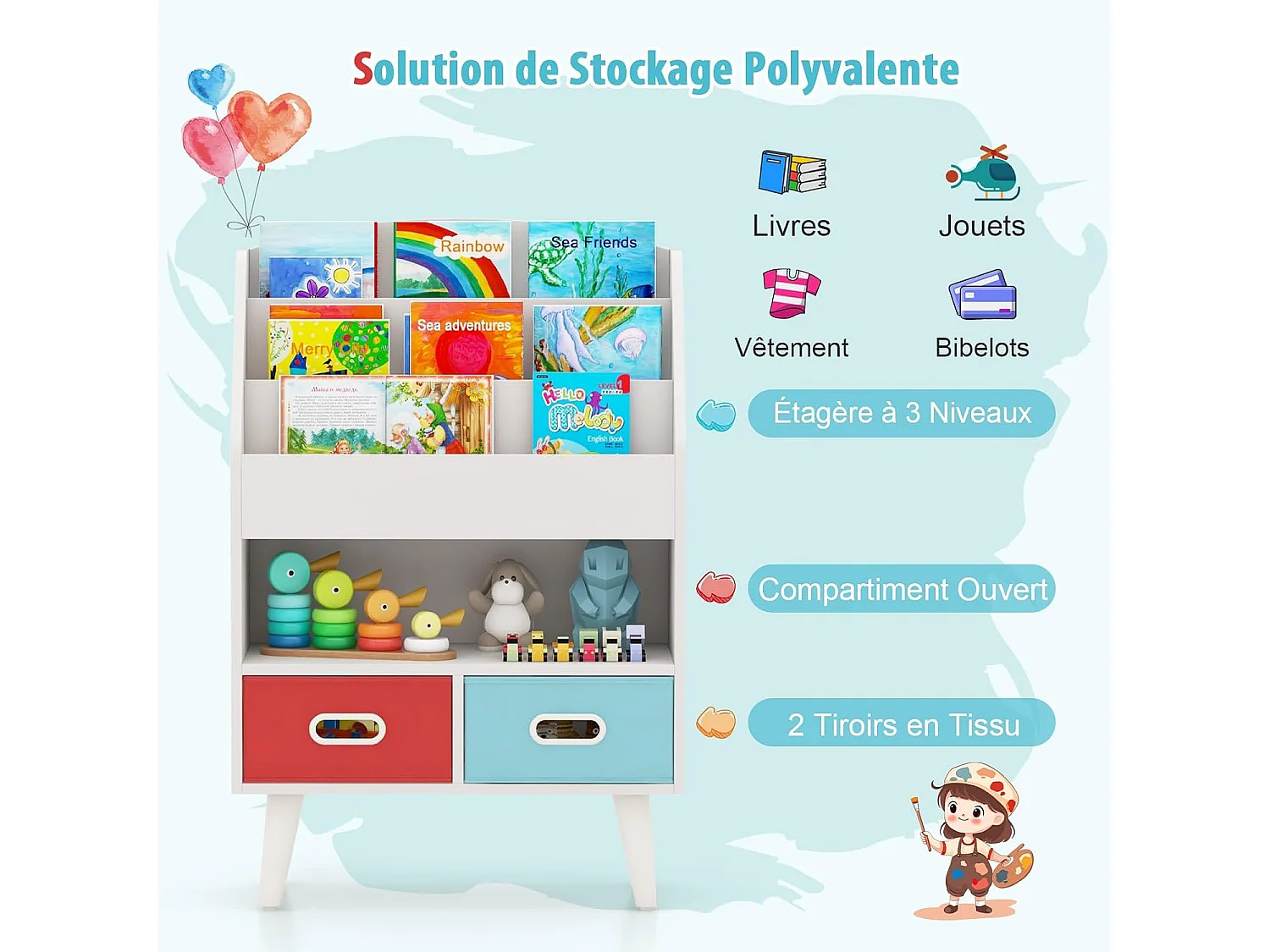 Houten kinderboekenkast met vakken & 2 stoffen lades, anti-kantelsysteem, 100kg, wit