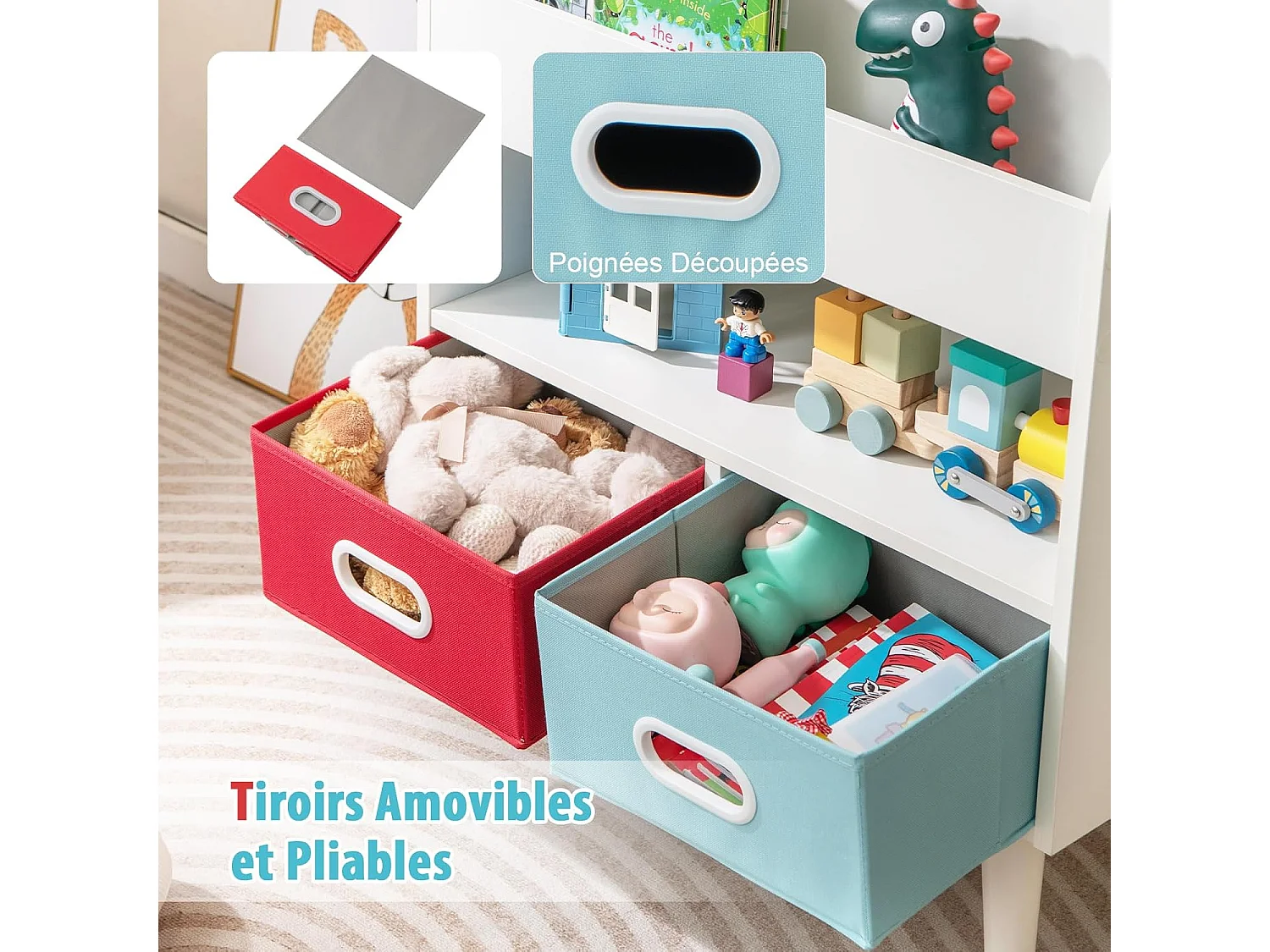 Houten kinderboekenkast met vakken & 2 stoffen lades, anti-kantelsysteem, 100kg, wit
