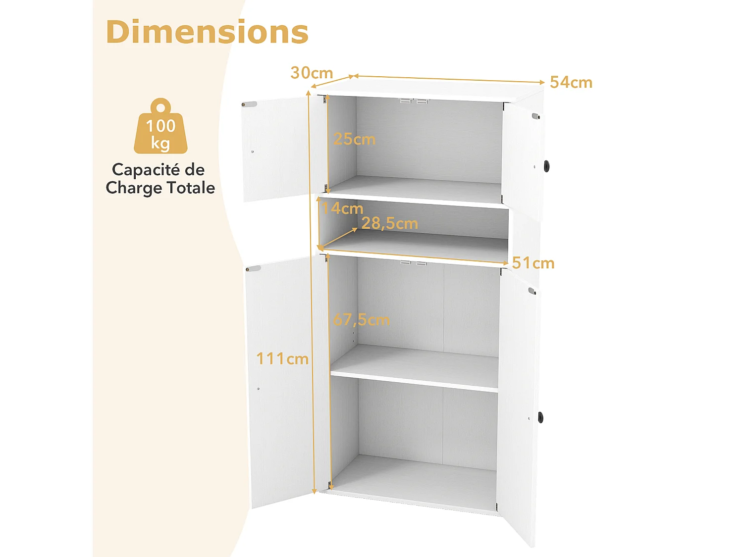 Boekenkast 111 cm hoog met 4 deuren 4 niveaus, verstelbaar, wit