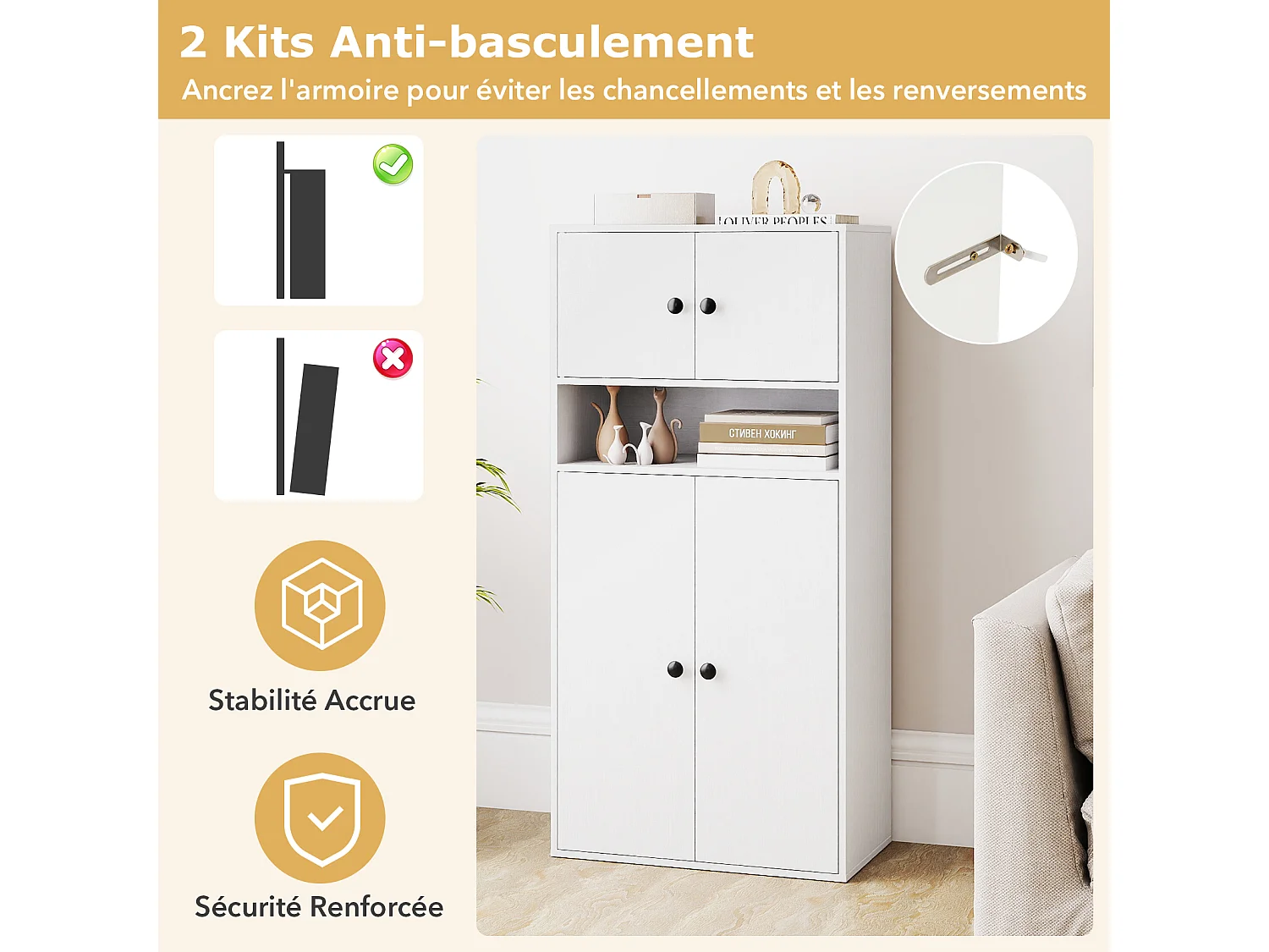 Boekenkast 111 cm hoog met 4 deuren 4 niveaus, verstelbaar, wit