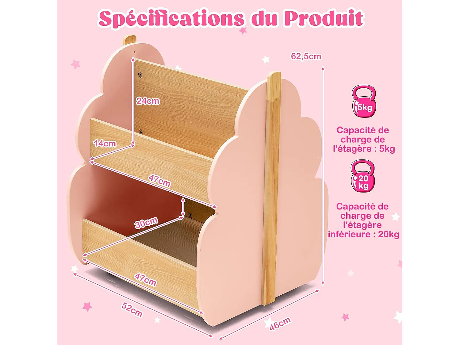 Bibliothèque enfants bois arbre, 4 roues, 2 niveaux, 3ans+, rose