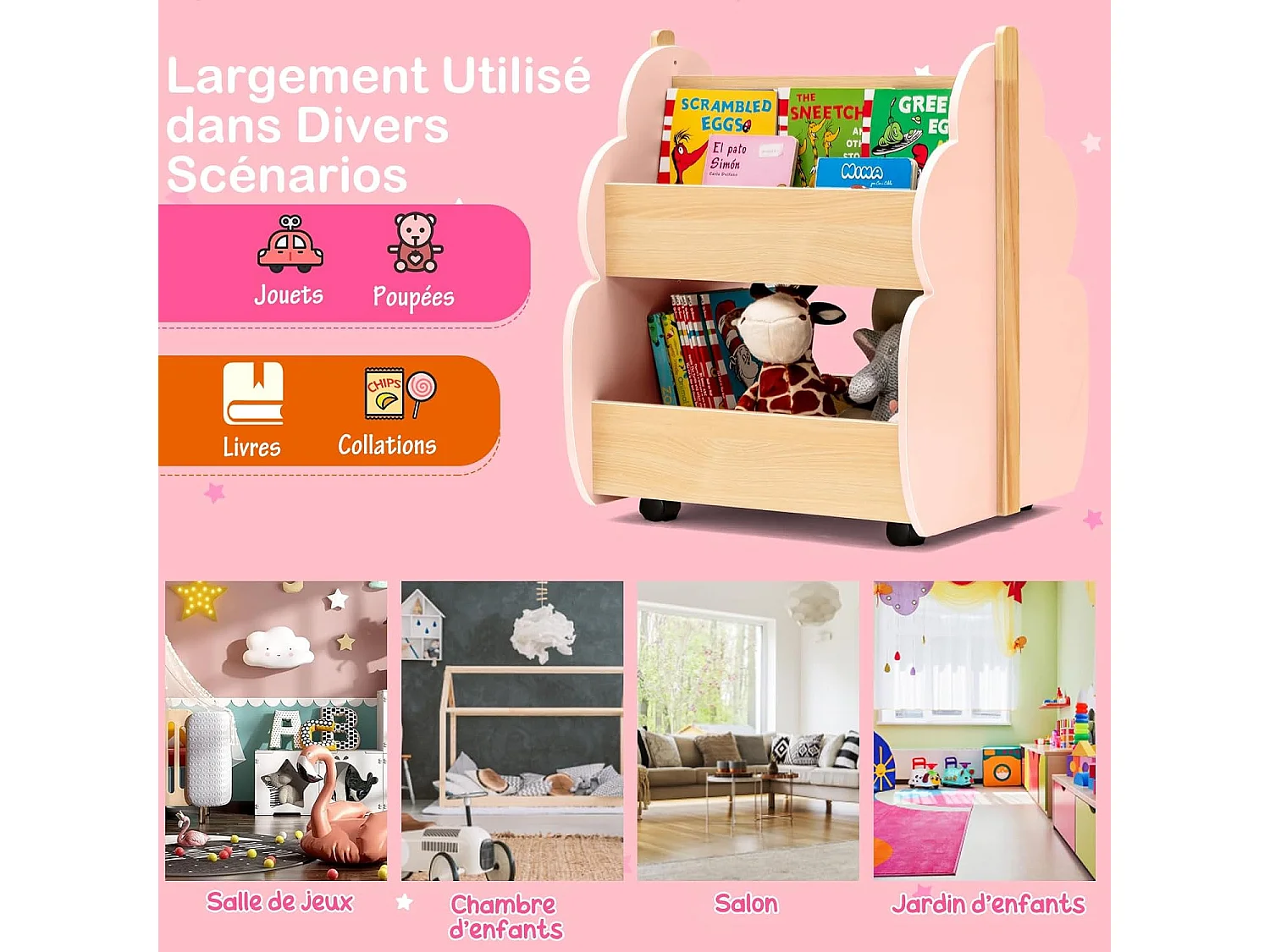 Bibliothèque enfants bois arbre, 4 roues, 2 niveaux, 3ans+, rose