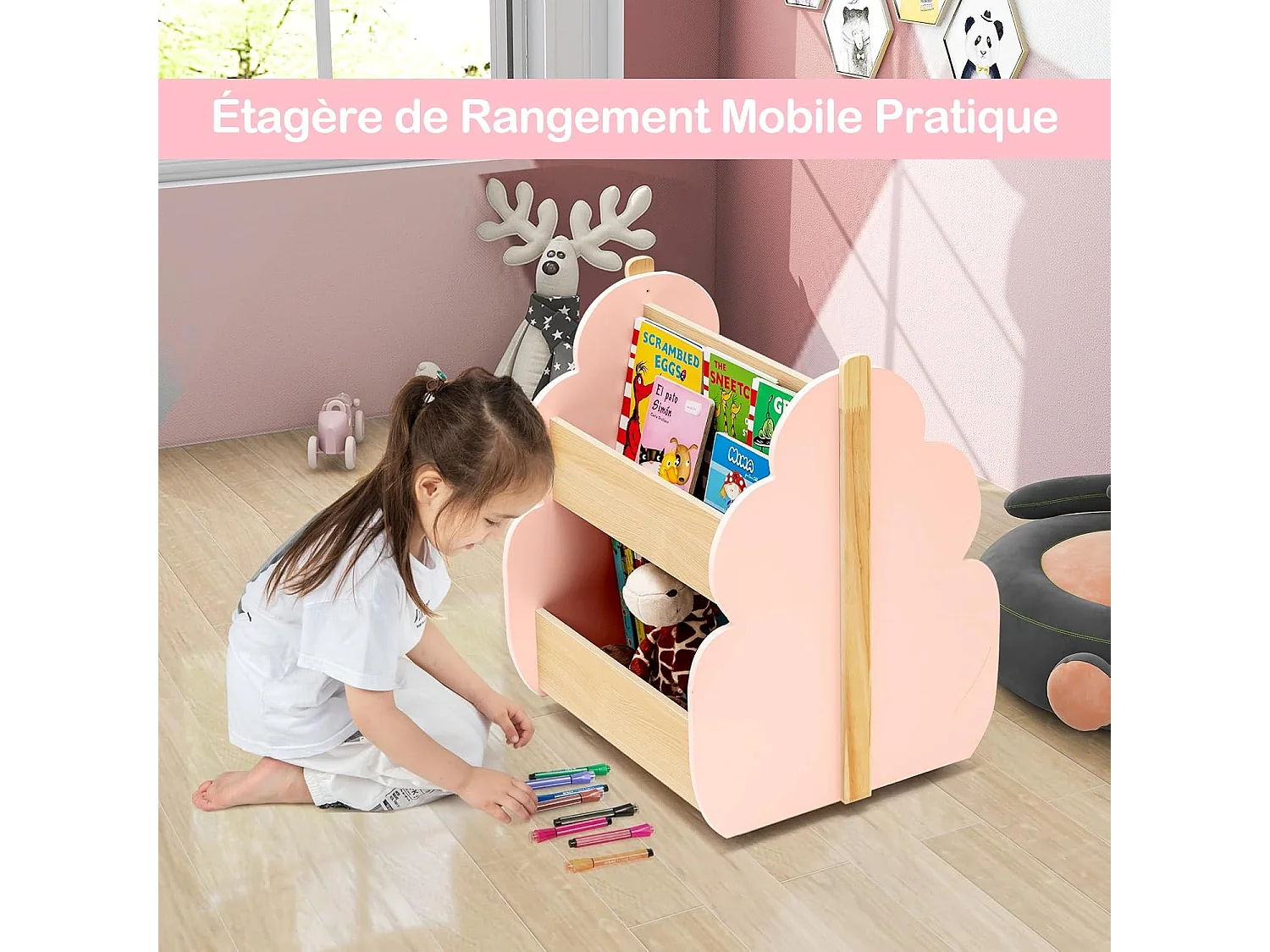 Bibliothèque enfants bois arbre, 4 roues, 2 niveaux, 3ans+, rose